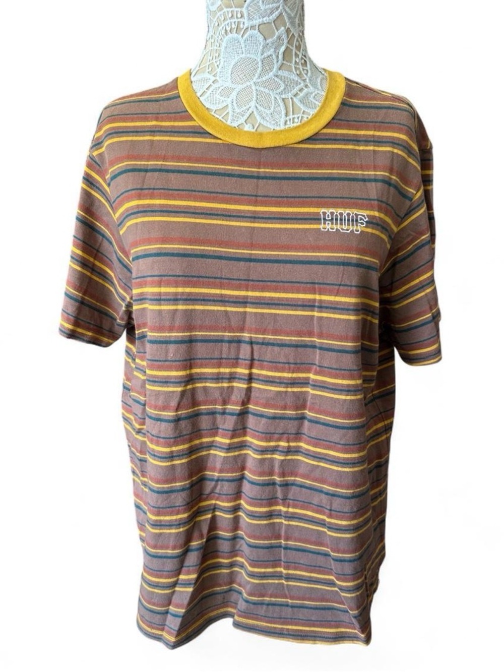 HUF Brown Yellow Striped Short Sleeve Tee